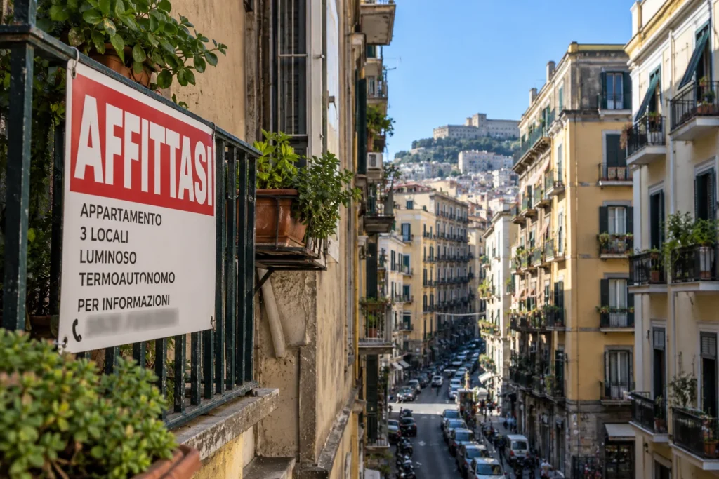Cartello Affittasi su un palazzo residenziale, immagine illustrativa della crisi degli affitti e del mercato immobiliare a Napoli.