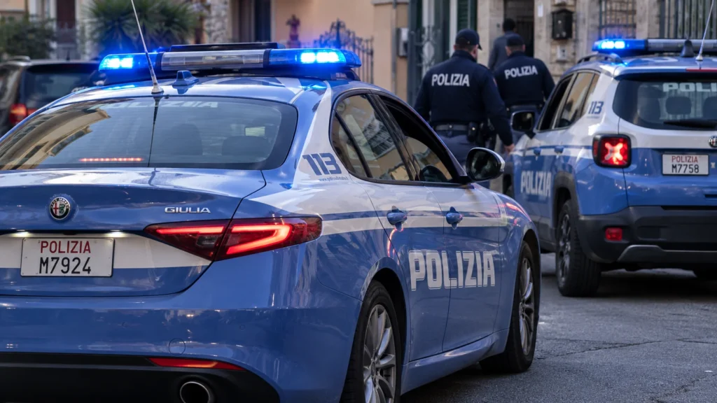 Auto della Polizia di Stato durante un intervento in una strada cittadina.