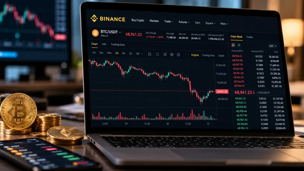 Immagine illustrativa di un computer e transazioni in criptovalute, a corredo della notizia sull'attacco hacker a Binance.