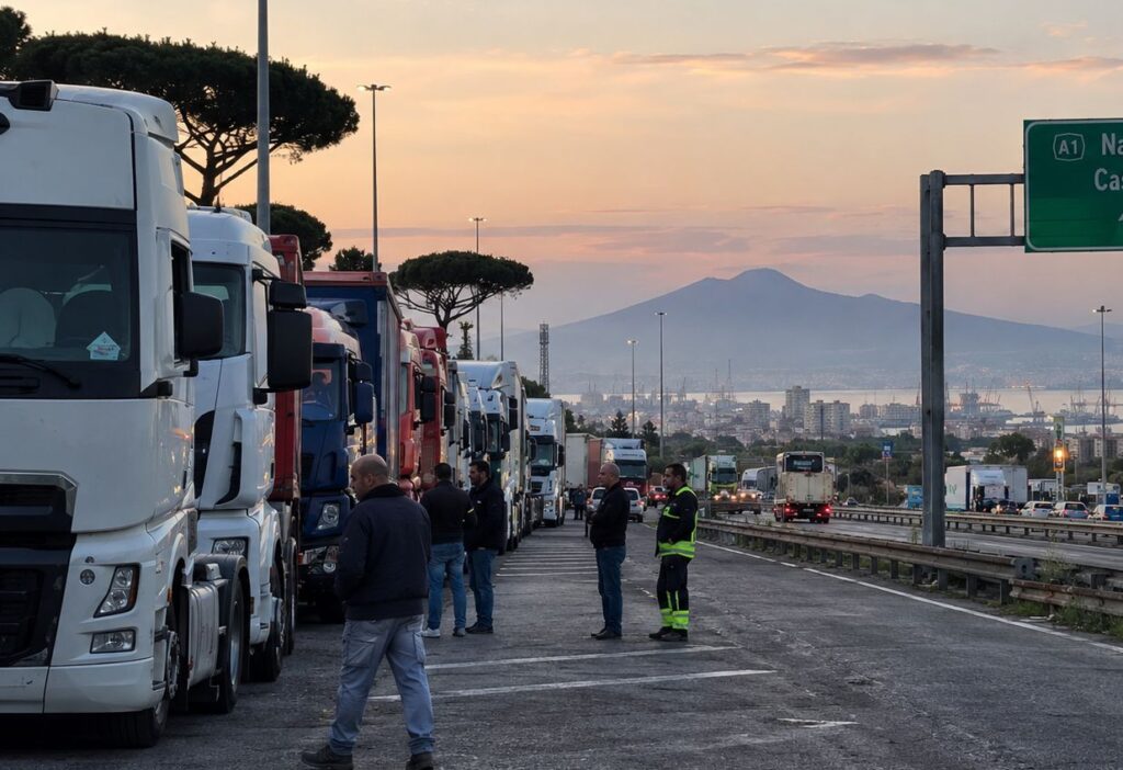 Camion in Campania durante la sospensione della protesta degli autotrasportatori.