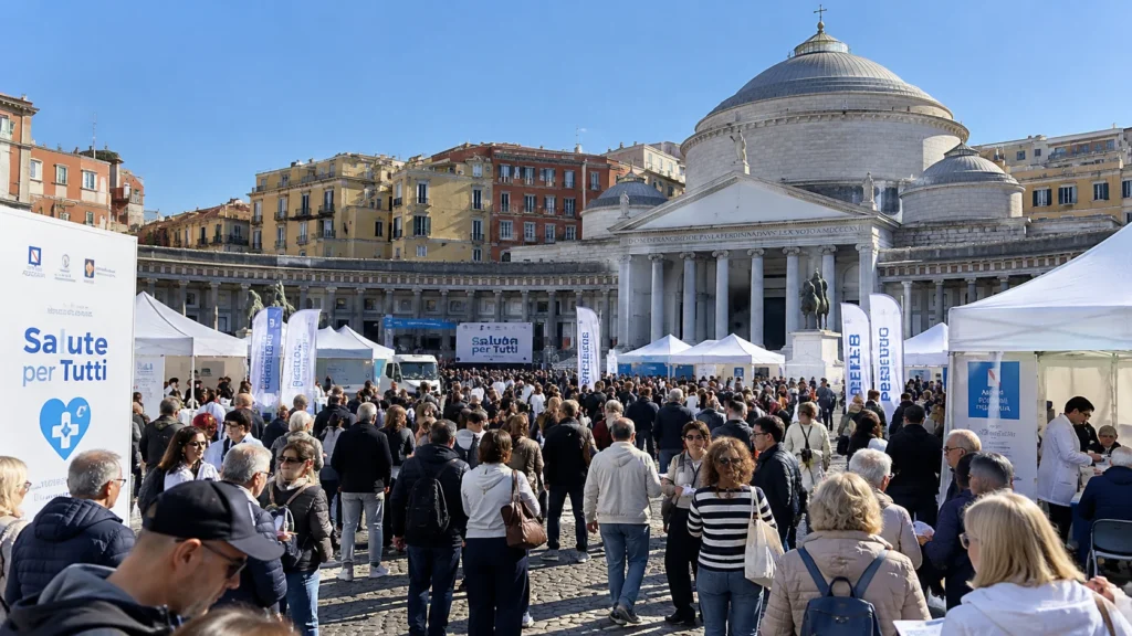 Piazza del Plebiscito affollata durante una manifestazione dedicata alla salute e alla prevenzione.